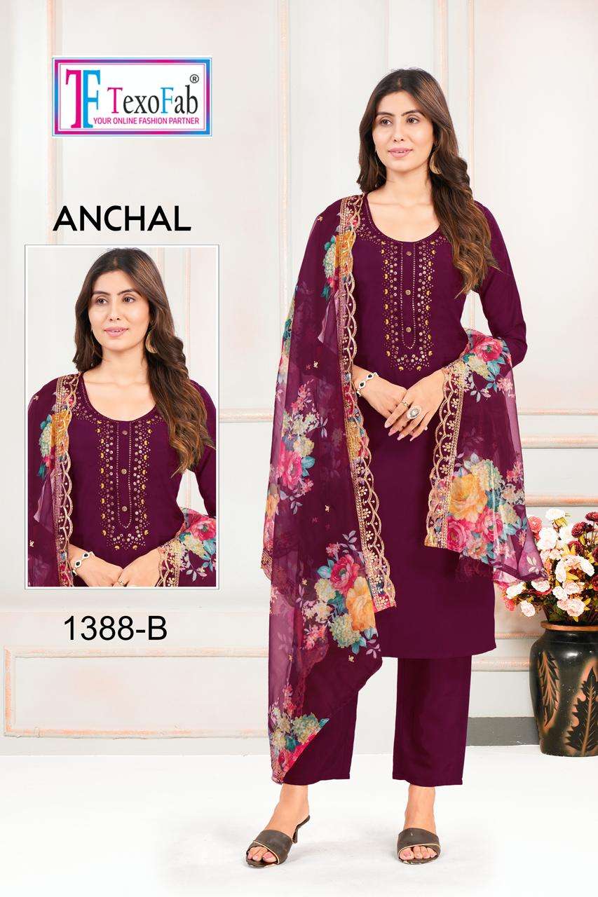 ANCHAL BY TEXOFAB ROMAN FABRIC WITH EMBROIDERY NECK KURTI PANT WITH ORGANZA DIGITAL PRINTED CODDING WORK DUPATTA 