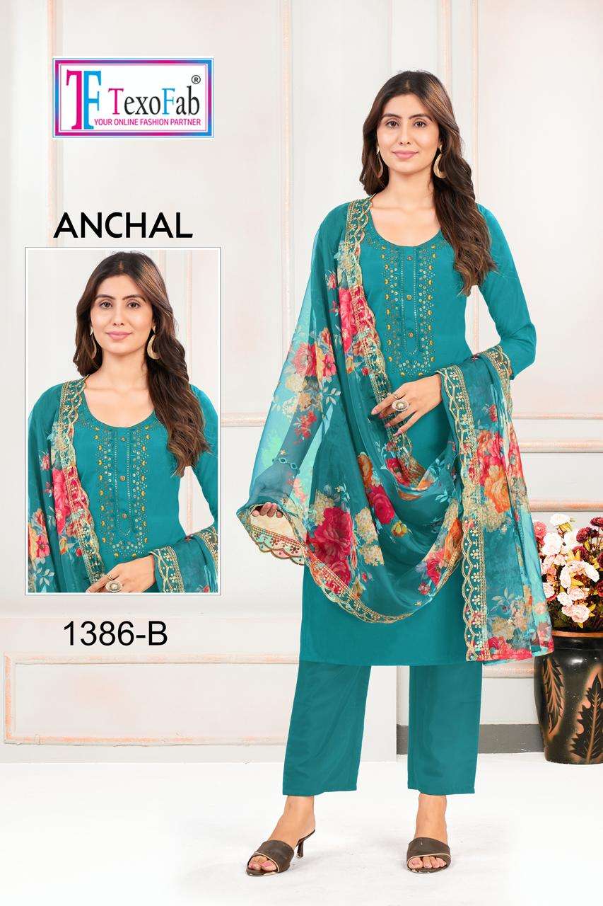 ANCHAL BY TEXOFAB ROMAN FABRIC WITH EMBROIDERY NECK KURTI PANT WITH ORGANZA DIGITAL PRINTED CODDING WORK DUPATTA 