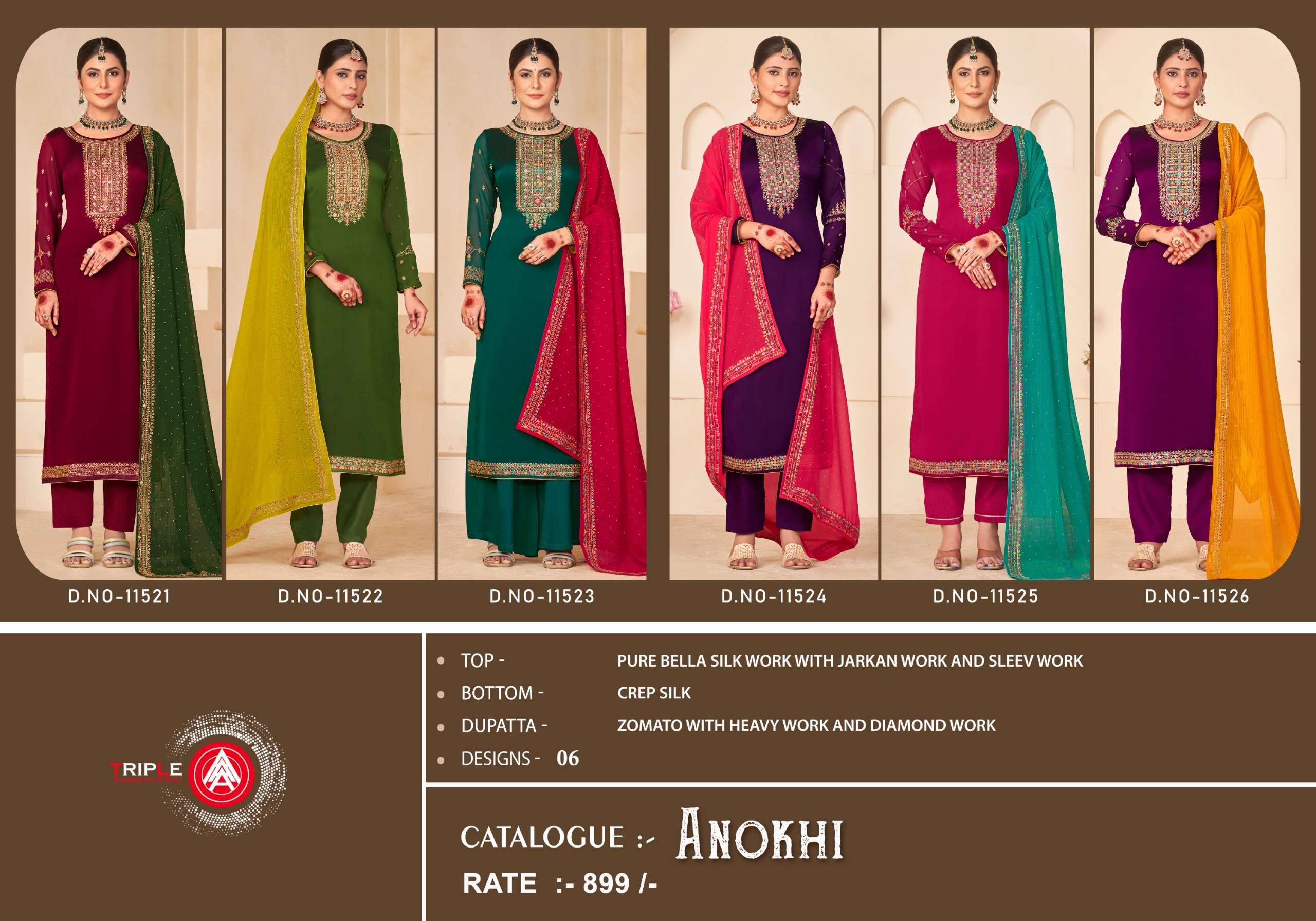 ANOKHI BY TRIPLE A PURE BELLA SILK WORK WITH JARKAN & SLEEVE WORK UNSTICHED SALWAR SUITS 