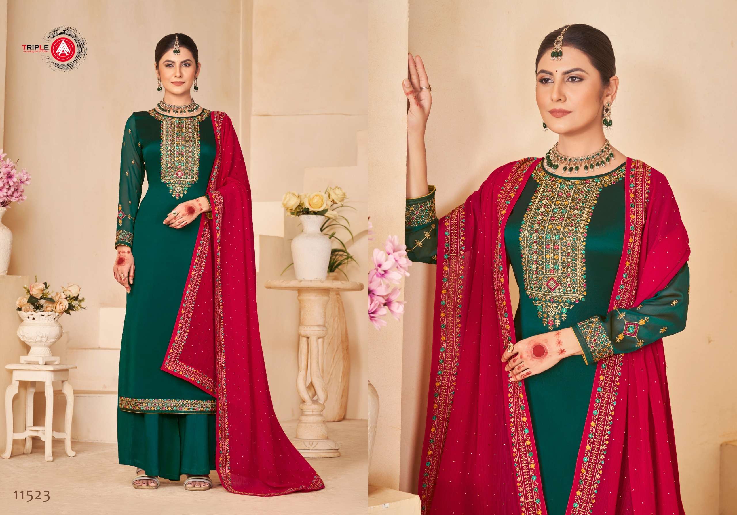 ANOKHI BY TRIPLE A PURE BELLA SILK WORK WITH JARKAN & SLEEVE WORK UNSTICHED SALWAR SUITS 