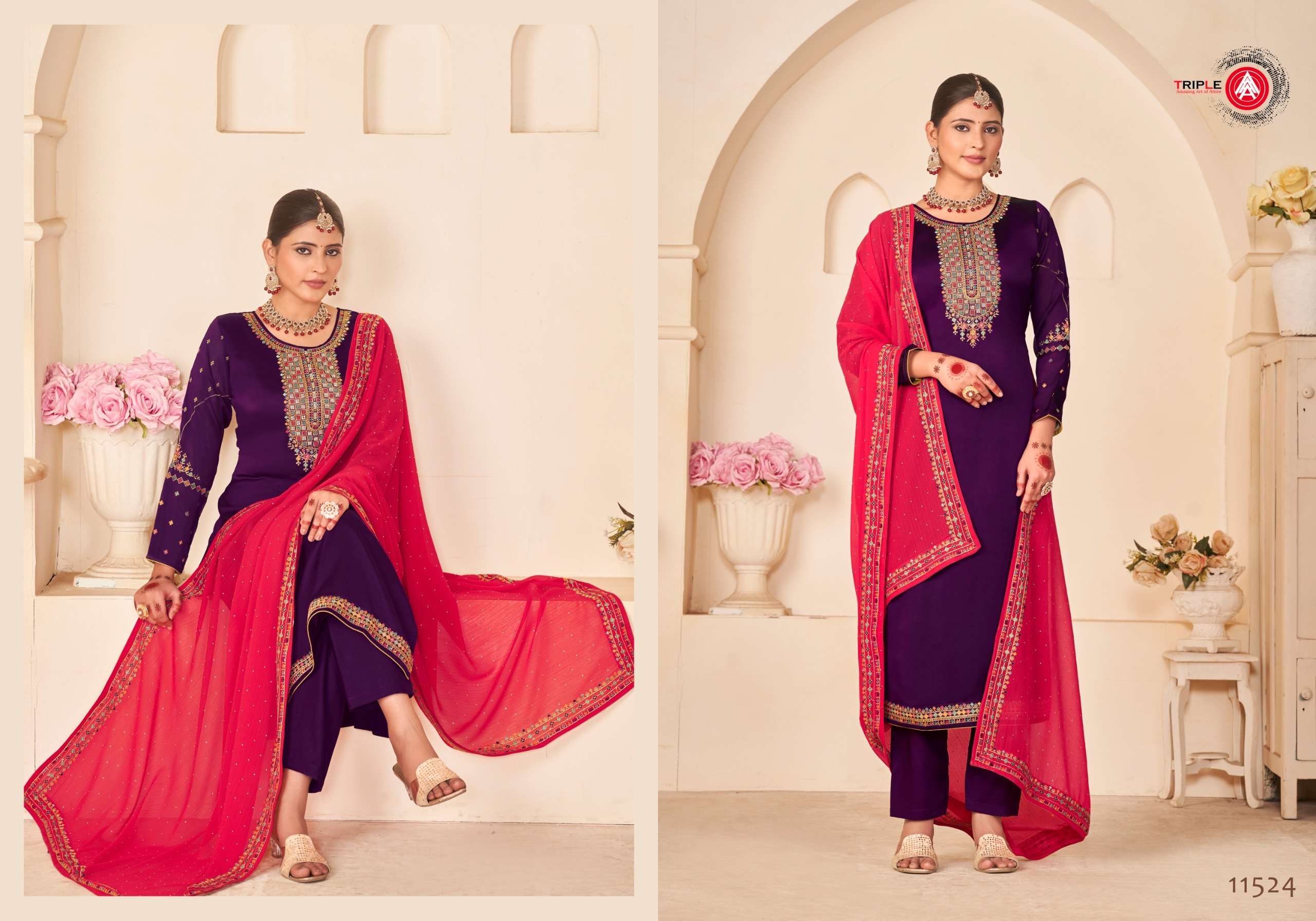 ANOKHI BY TRIPLE A PURE BELLA SILK WORK WITH JARKAN & SLEEVE WORK UNSTICHED SALWAR SUITS 