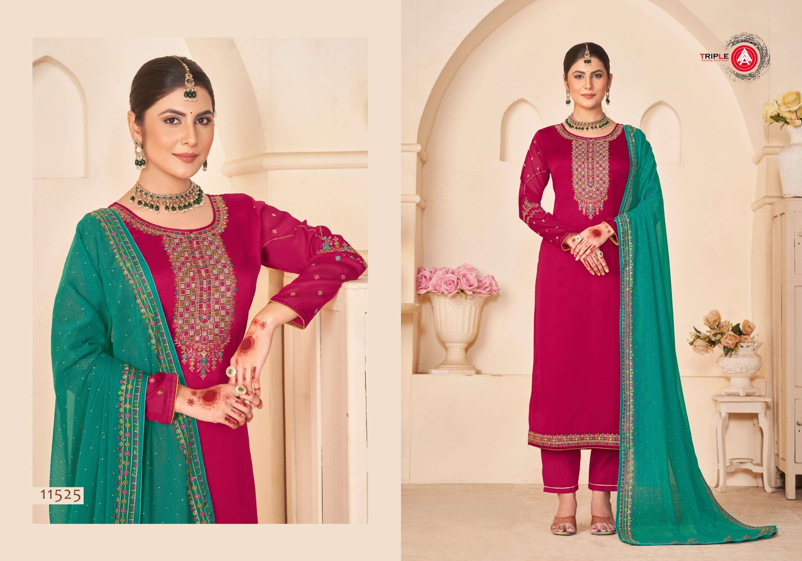 ANOKHI BY TRIPLE A PURE BELLA SILK WORK WITH JARKAN & SLEEVE WORK UNSTICHED SALWAR SUITS 