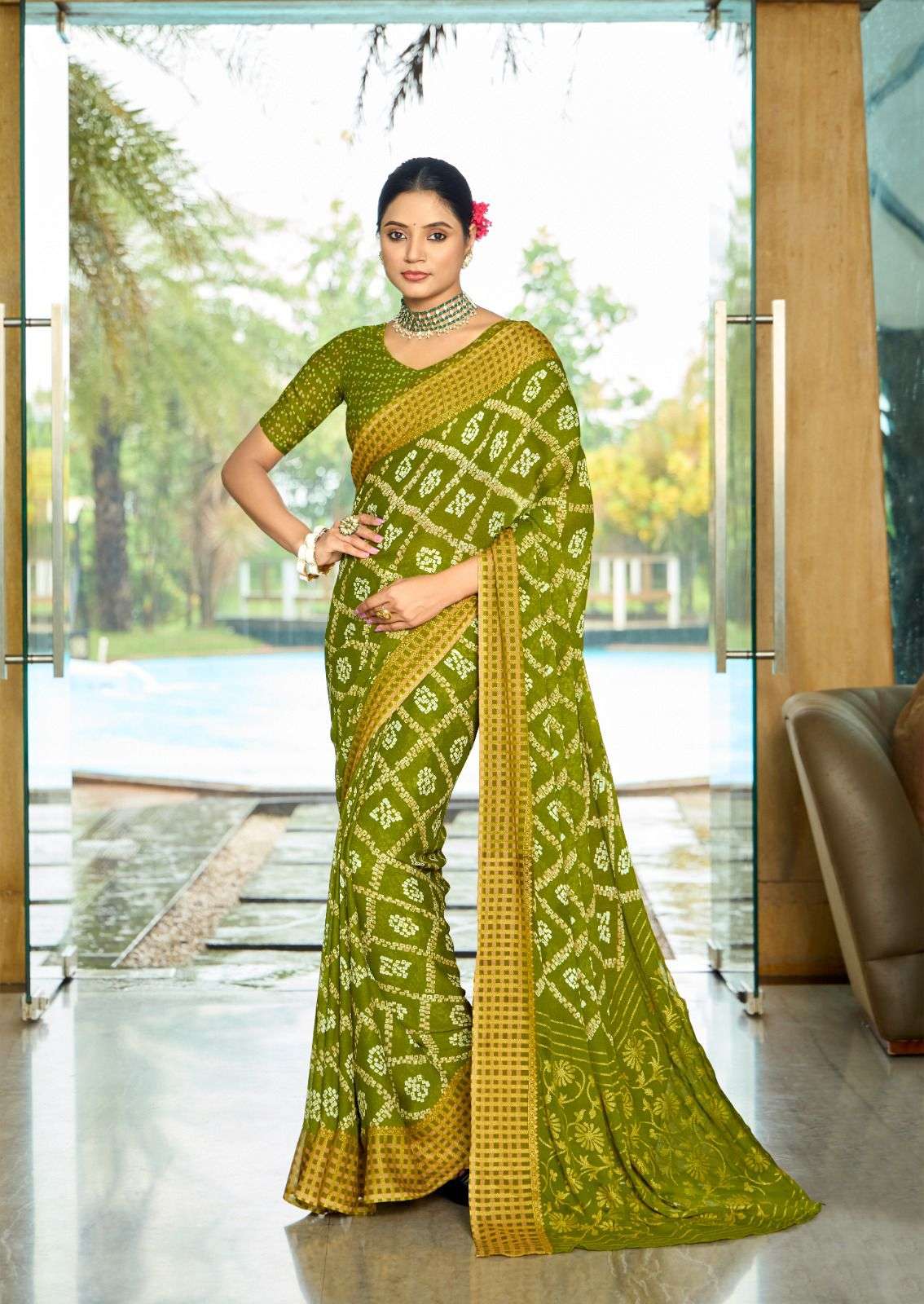 ANSHA BY DHAGA MOSS GEORGETTE FABRIC MILL PRINT BORDER SAREES & BLOUSE 