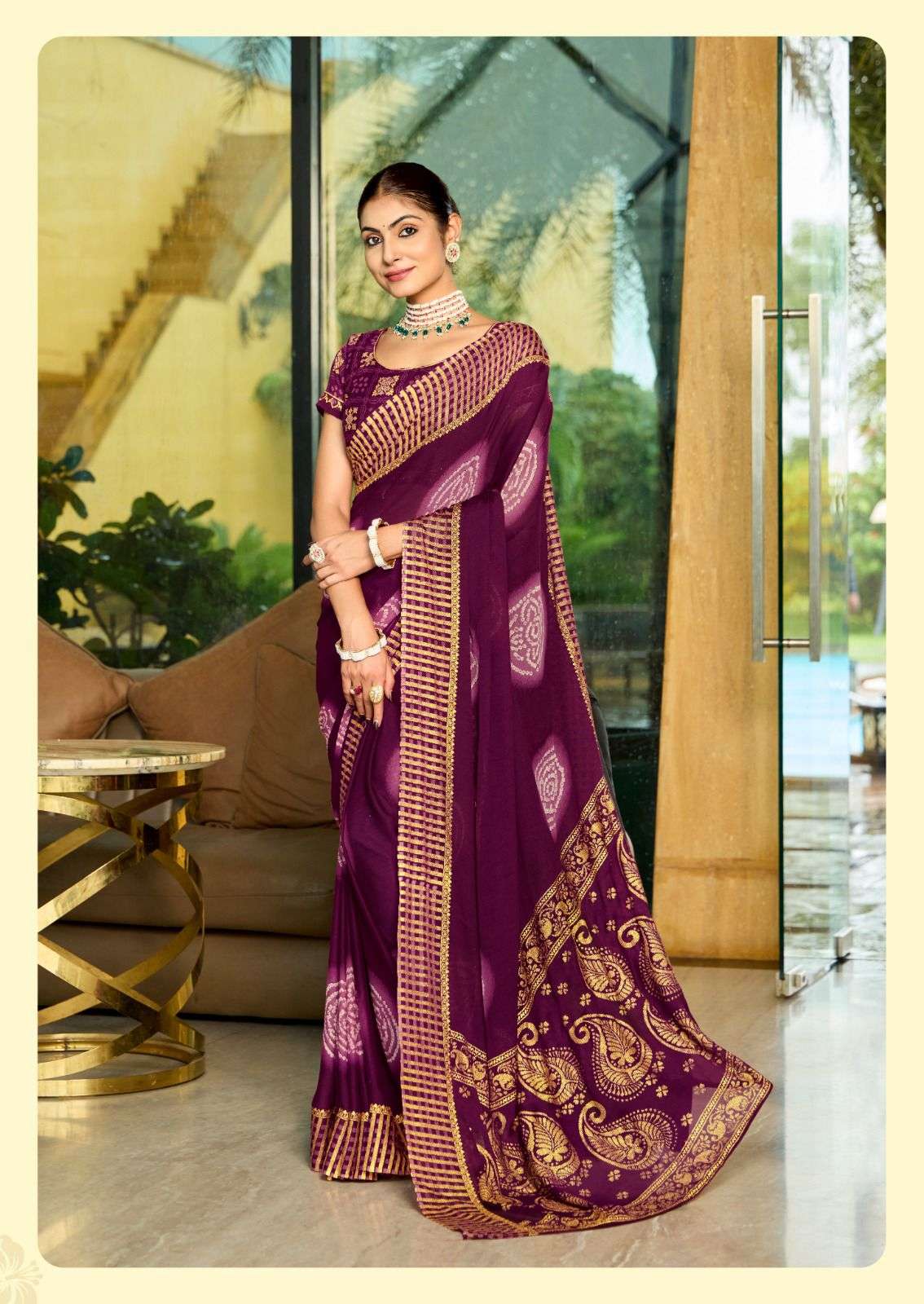 ANSHA BY DHAGA MOSS GEORGETTE FABRIC MILL PRINT BORDER SAREES & BLOUSE 