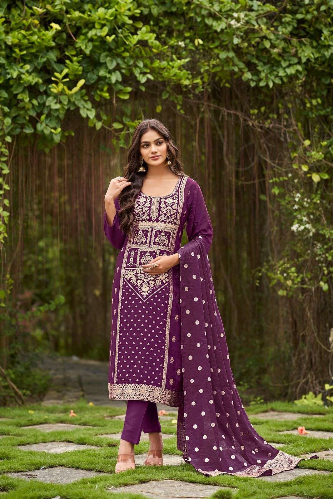 BANARASI BY OSSM VISCOSE DOLA SILK WITH ASTAR HANDWORK KURTI PANT & CHANDERI JACQUARD DUPATTA 