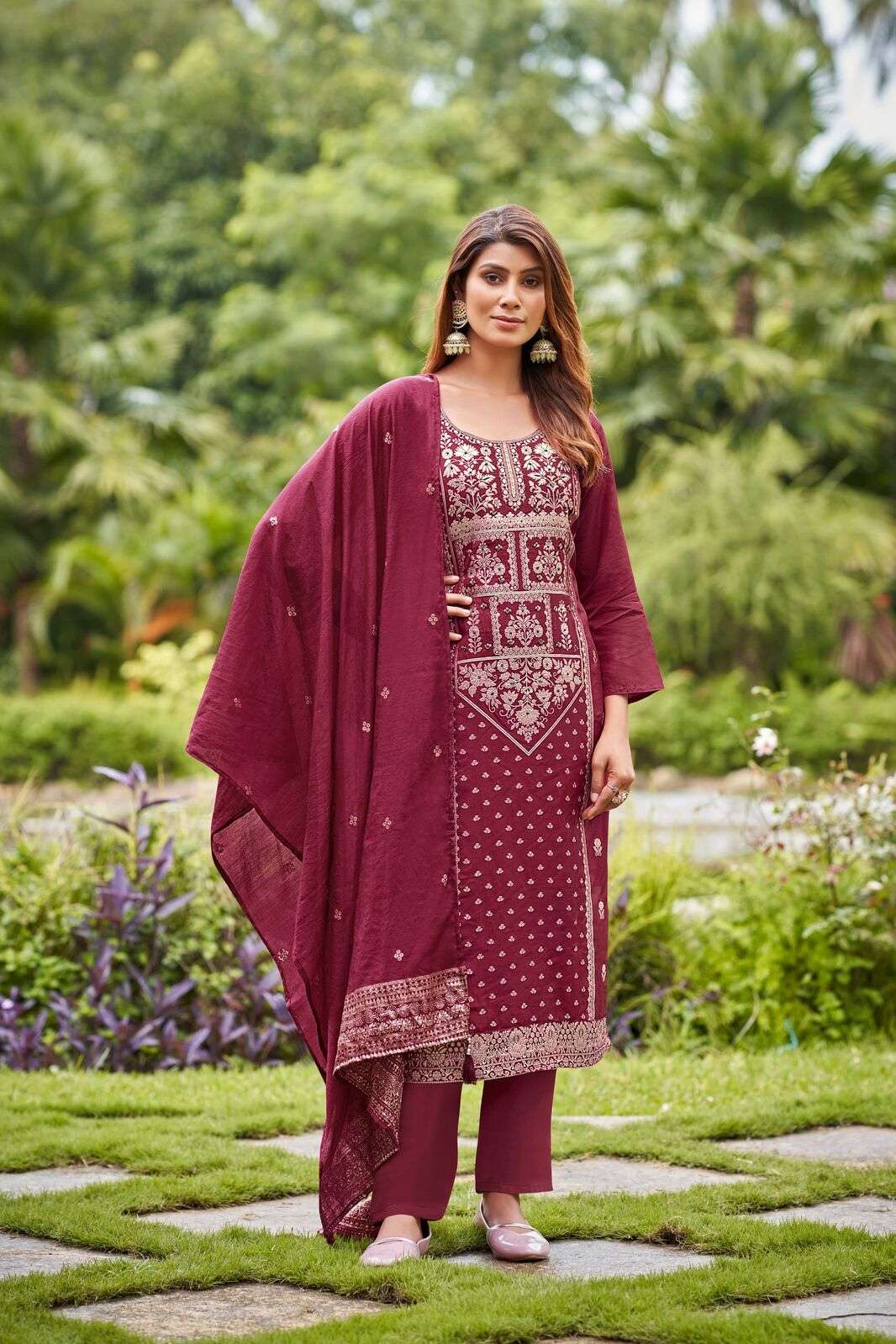 BANARASI BY OSSM VISCOSE DOLA SILK WITH ASTAR HANDWORK KURTI PANT & CHANDERI JACQUARD DUPATTA 