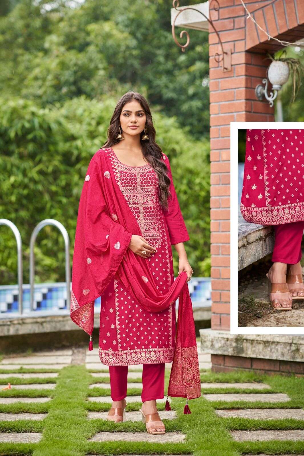 BANARASI BY OSSM VISCOSE DOLA SILK WITH ASTAR HANDWORK KURTI PANT & CHANDERI JACQUARD DUPATTA 