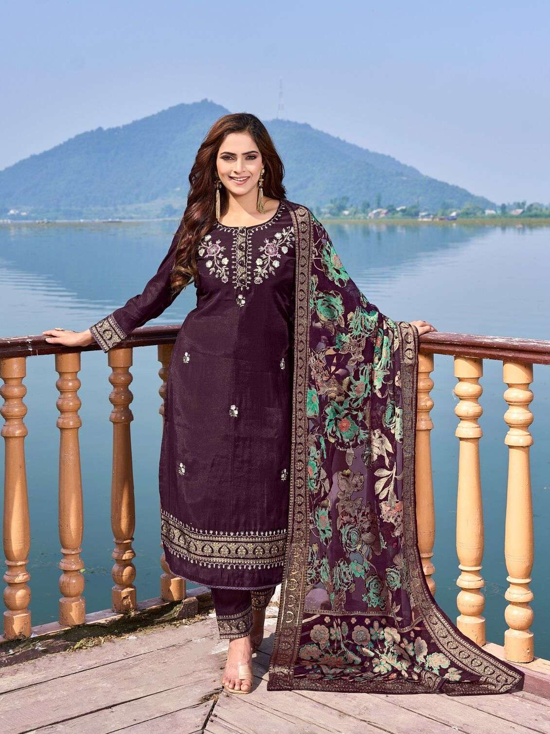 BERLIN SILK EMBROIDERY HANDWORK STRAIGHT KURTI PANT WITH DUPATTA BY TEXOFAB 