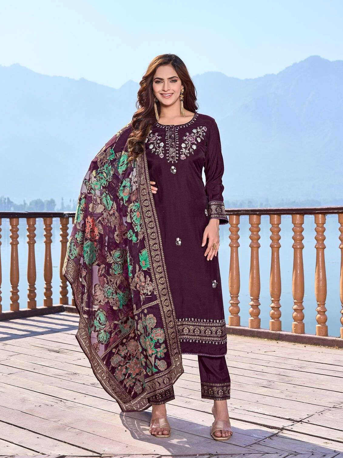 BERLIN SILK EMBROIDERY HANDWORK STRAIGHT KURTI PANT WITH DUPATTA BY TEXOFAB 