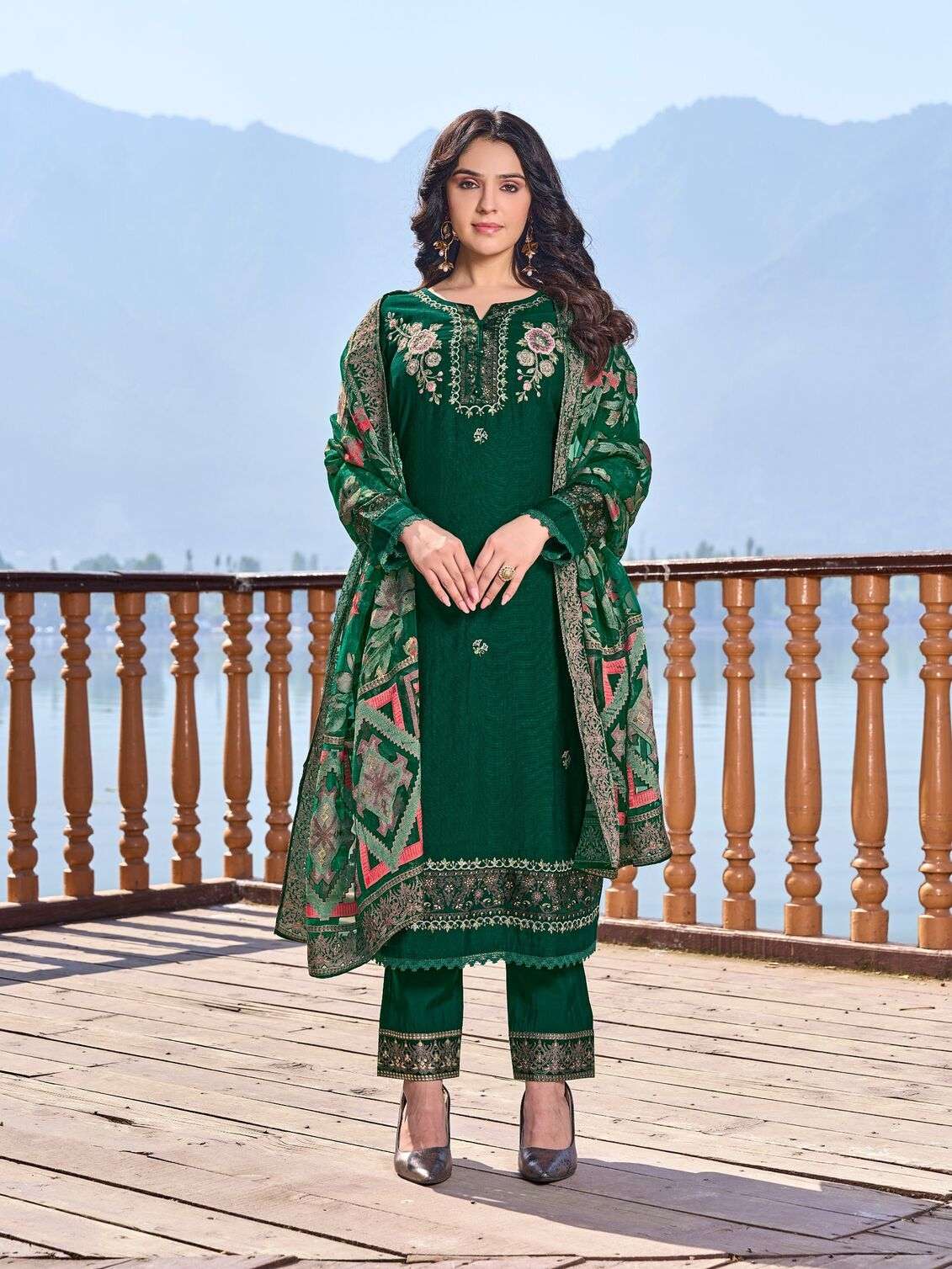 BERLIN SILK EMBROIDERY HANDWORK STRAIGHT KURTI PANT WITH DUPATTA BY TEXOFAB 