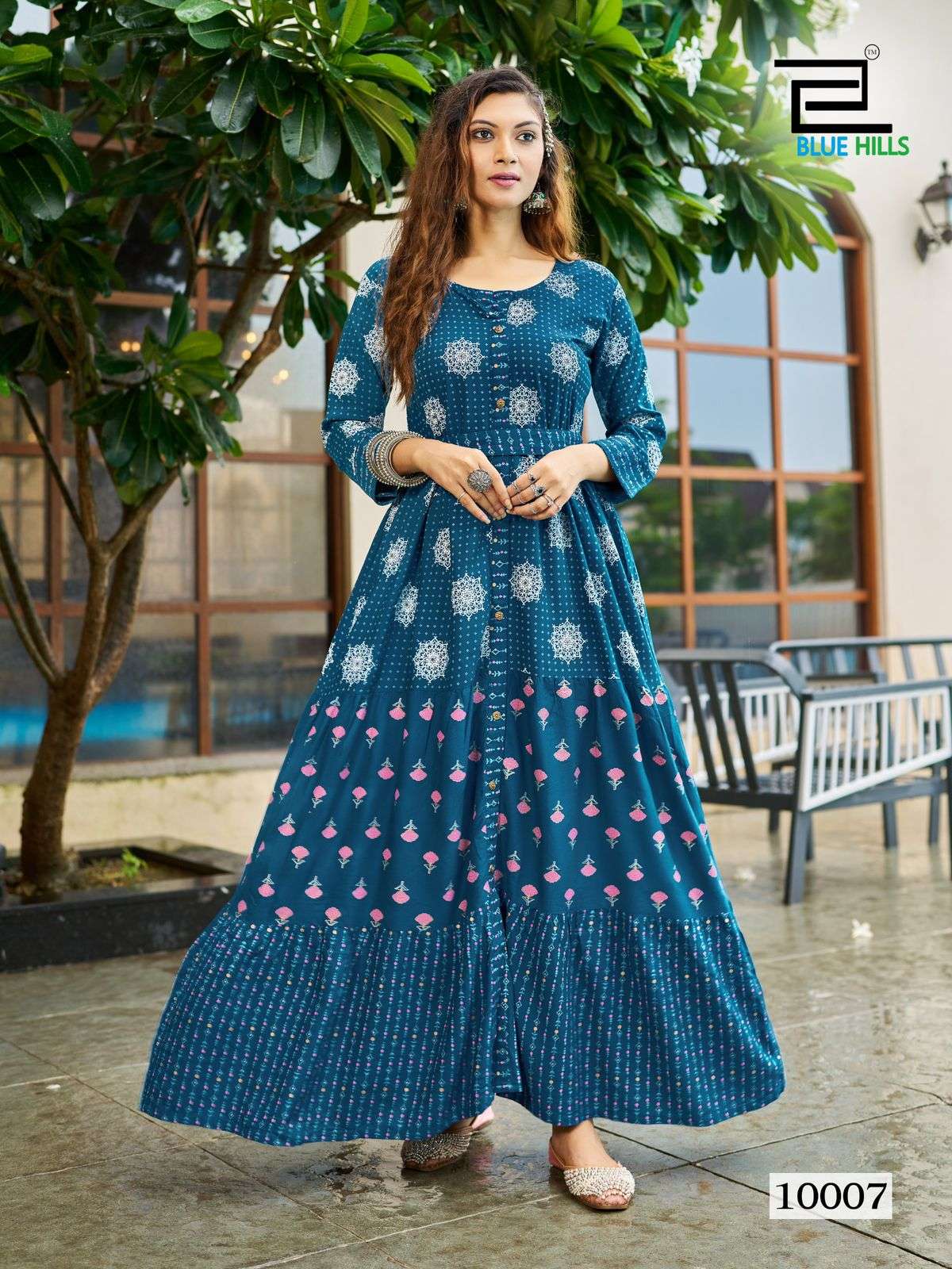 BOURNVILLA VOL-10 BY BLUE HILLS BEAUTIFUL CASUAL WEAR PRINTED LONG FRILL GOWN 