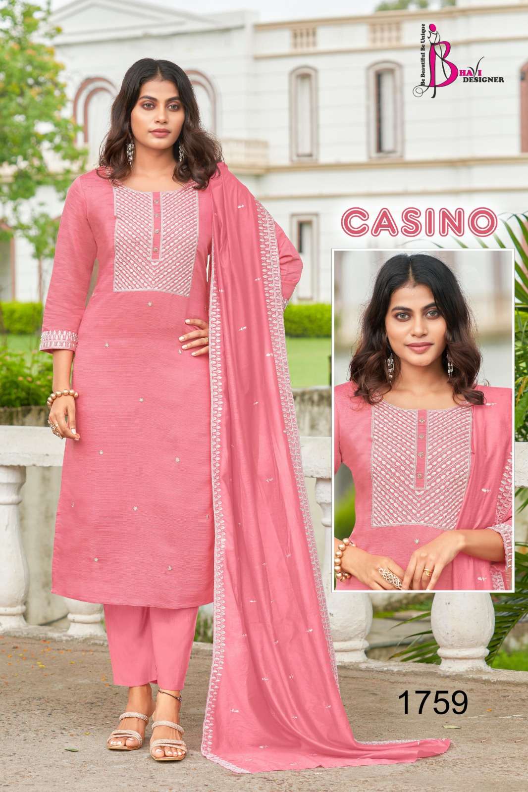 CASINO BY BHAVI DESIGNER TOP VETICAN EMBROIDERY PLUS HANDWORK KURTI PANT WITH CHANDERI DUPATTA 