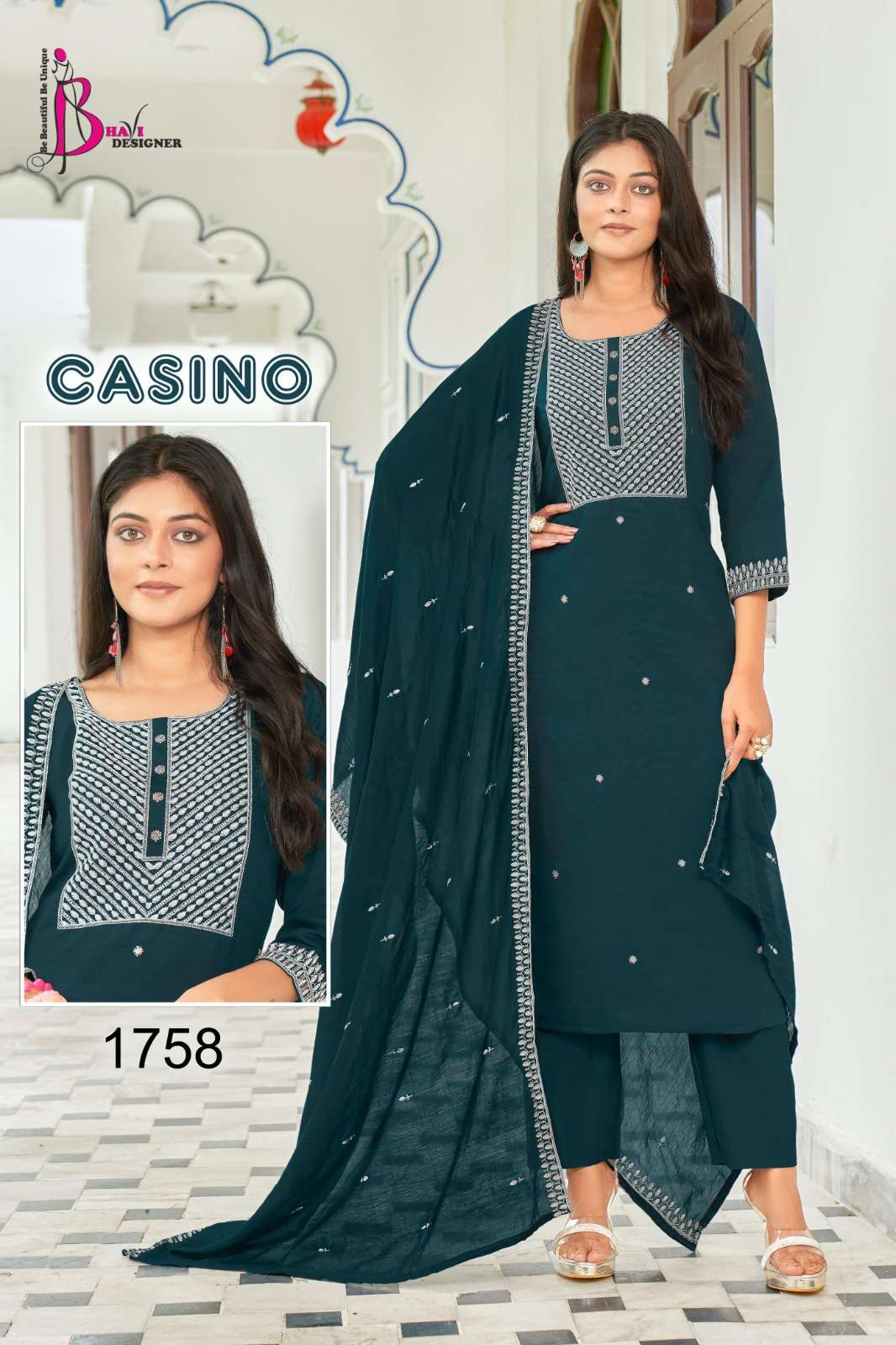 CASINO BY BHAVI DESIGNER TOP VETICAN EMBROIDERY PLUS HANDWORK KURTI PANT WITH CHANDERI DUPATTA 