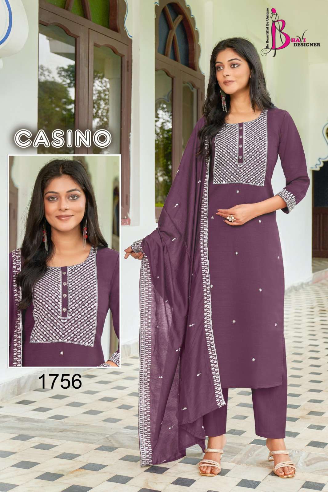 CASINO BY BHAVI DESIGNER TOP VETICAN EMBROIDERY PLUS HANDWORK KURTI PANT WITH CHANDERI DUPATTA 