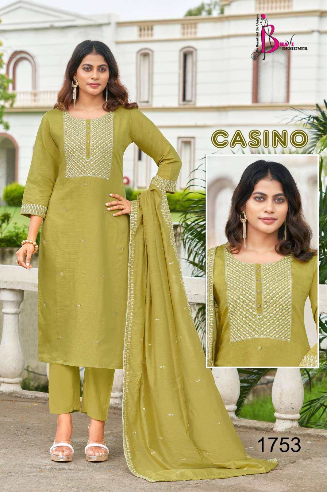 CASINO BY BHAVI DESIGNER TOP VETICAN EMBROIDERY PLUS HANDWORK KURTI PANT WITH CHANDERI DUPATTA 