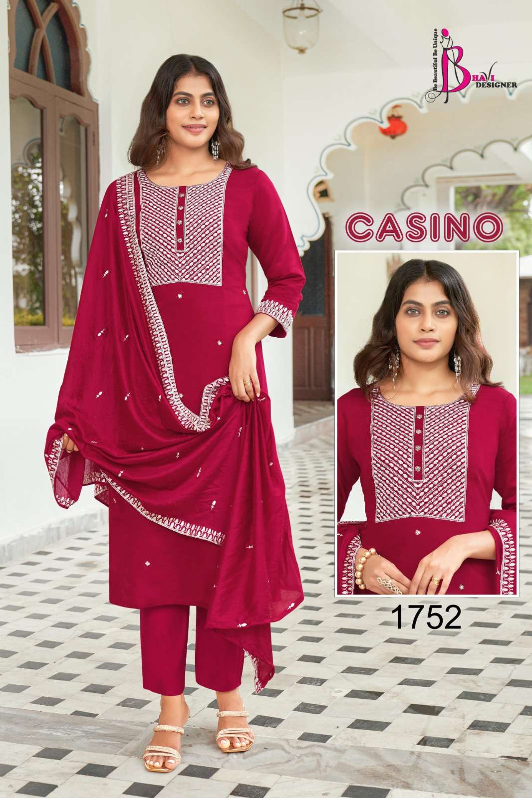 CASINO BY BHAVI DESIGNER TOP VETICAN EMBROIDERY PLUS HANDWORK KURTI PANT WITH CHANDERI DUPATTA 