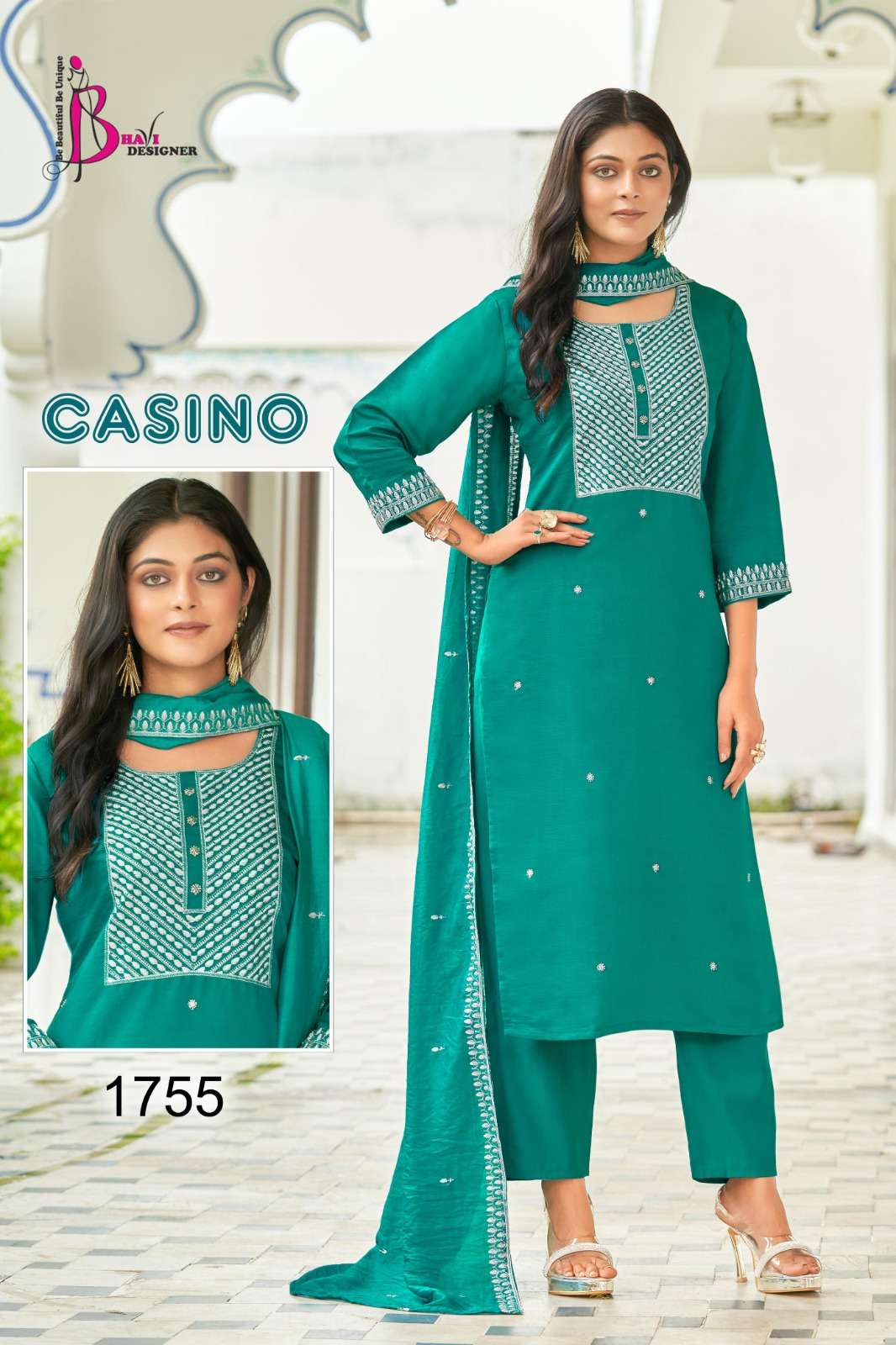 CASINO BY BHAVI DESIGNER TOP VETICAN EMBROIDERY PLUS HANDWORK KURTI PANT WITH CHANDERI DUPATTA 