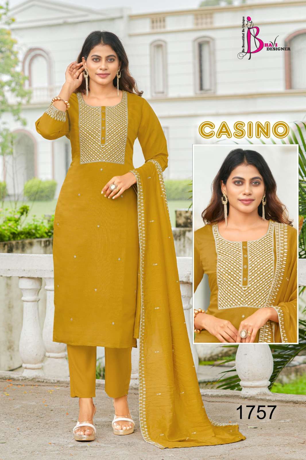 CASINO BY BHAVI DESIGNER TOP VETICAN EMBROIDERY PLUS HANDWORK KURTI PANT WITH CHANDERI DUPATTA 