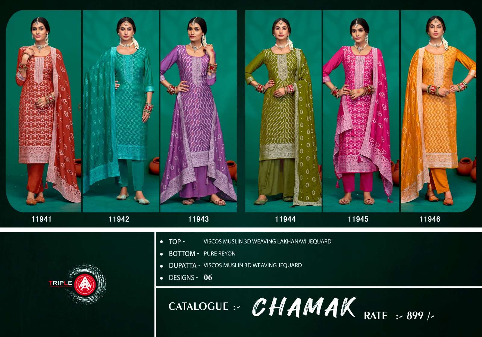 CHAMAK BY TRIPLE A VISCOSE MUSLIN LAKHNAVI JACQUARD UNSTICHED SALWAR SUITS 