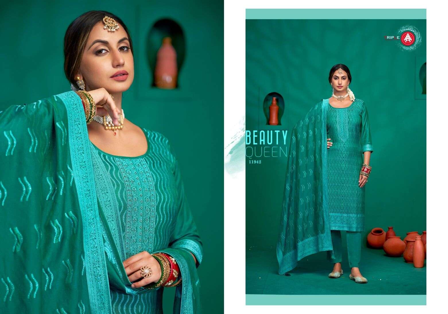 CHAMAK BY TRIPLE A VISCOSE MUSLIN LAKHNAVI JACQUARD UNSTICHED SALWAR SUITS 