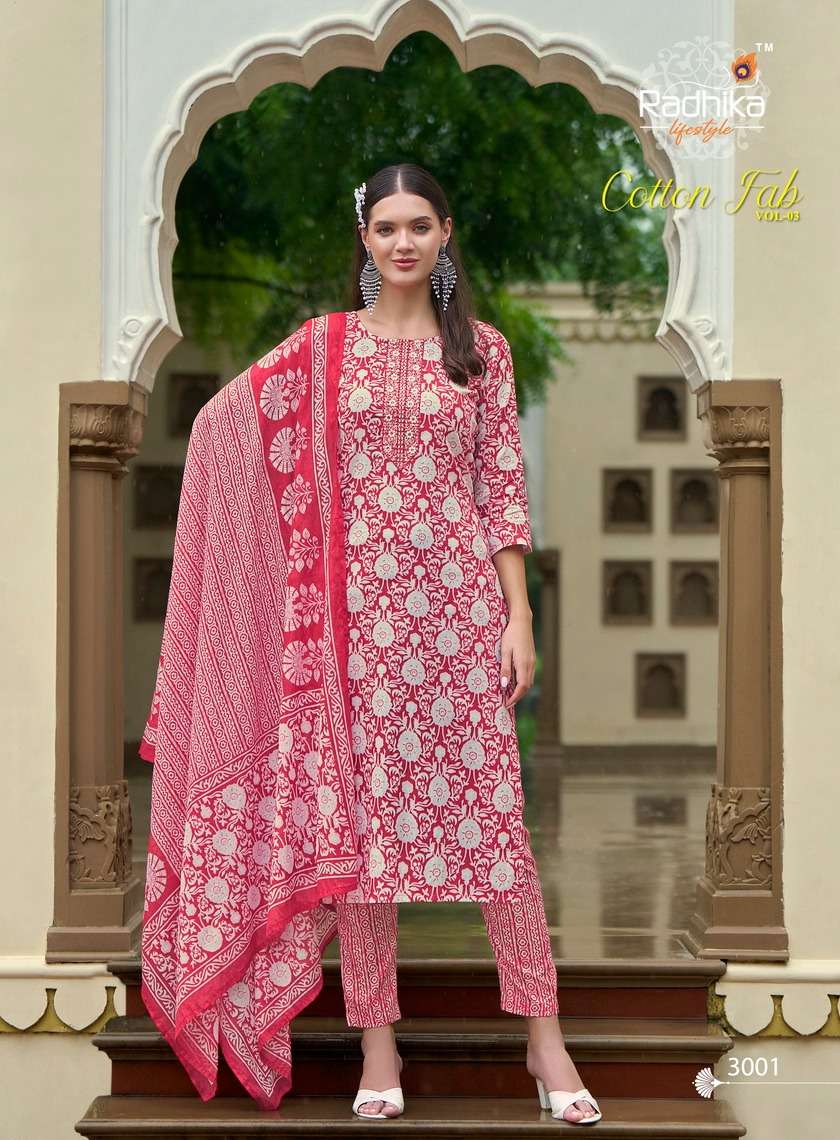 COTTON FAB VOL-3 BY RADHIKA LIFESTYLE PURE COTTON PRINT EMBROIDERY WORK KURTI PANT WITH MUL DUPATTA 