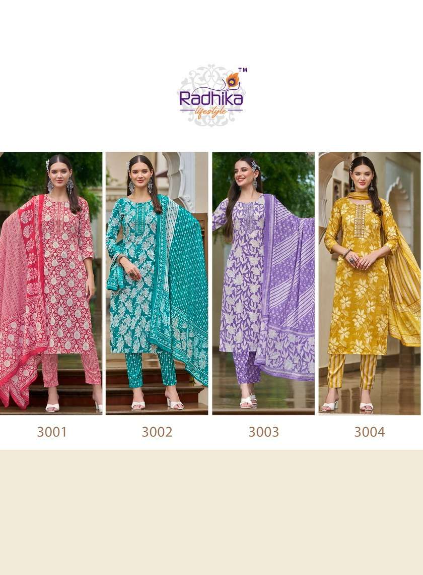 COTTON FAB VOL-3 BY RADHIKA LIFESTYLE PURE COTTON PRINT EMBROIDERY WORK KURTI PANT WITH MUL DUPATTA 