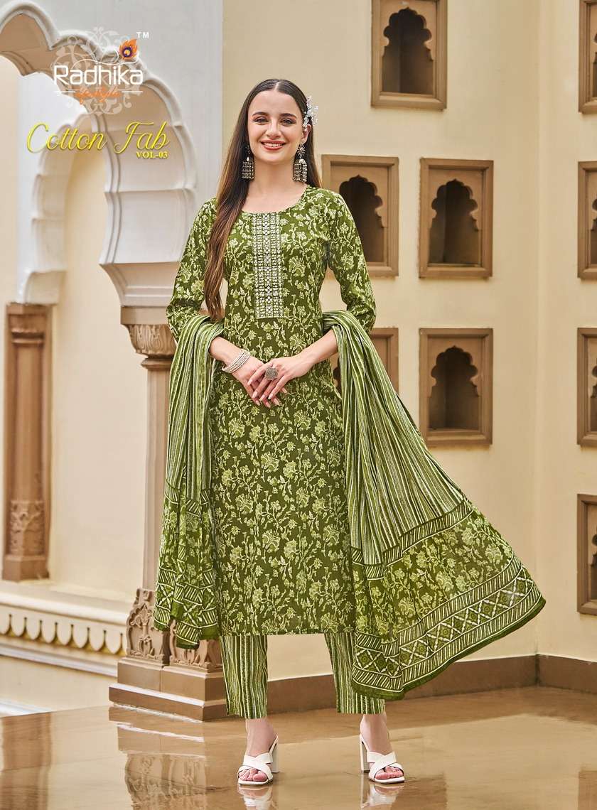 COTTON FAB VOL-3 BY RADHIKA LIFESTYLE PURE COTTON PRINT EMBROIDERY WORK KURTI PANT WITH MUL DUPATTA 