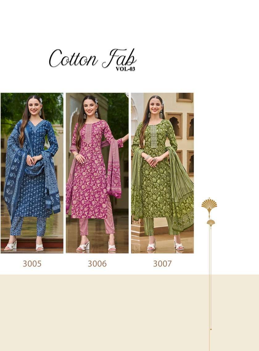 COTTON FAB VOL-3 BY RADHIKA LIFESTYLE PURE COTTON PRINT EMBROIDERY WORK KURTI PANT WITH MUL DUPATTA 