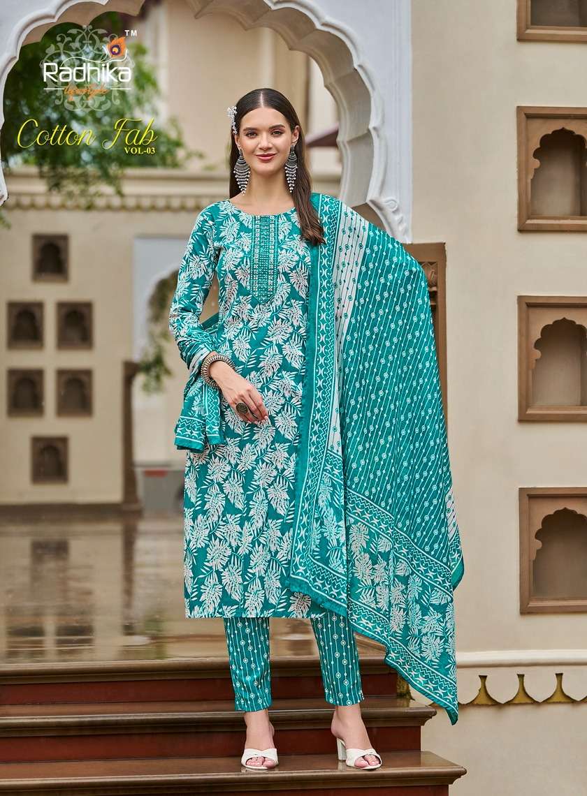 COTTON FAB VOL-3 BY RADHIKA LIFESTYLE PURE COTTON PRINT EMBROIDERY WORK KURTI PANT WITH MUL DUPATTA 
