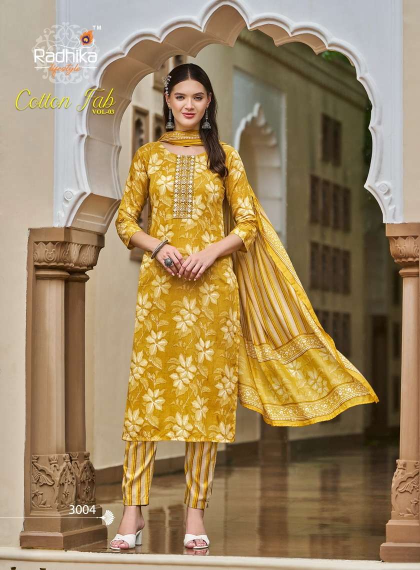 COTTON FAB VOL-3 BY RADHIKA LIFESTYLE PURE COTTON PRINT EMBROIDERY WORK KURTI PANT WITH MUL DUPATTA 
