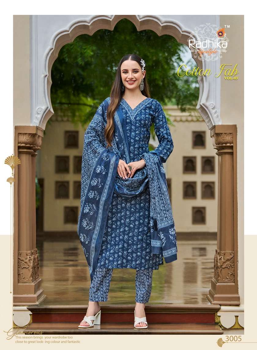 COTTON FAB VOL-3 BY RADHIKA LIFESTYLE PURE COTTON PRINT EMBROIDERY WORK KURTI PANT WITH MUL DUPATTA 