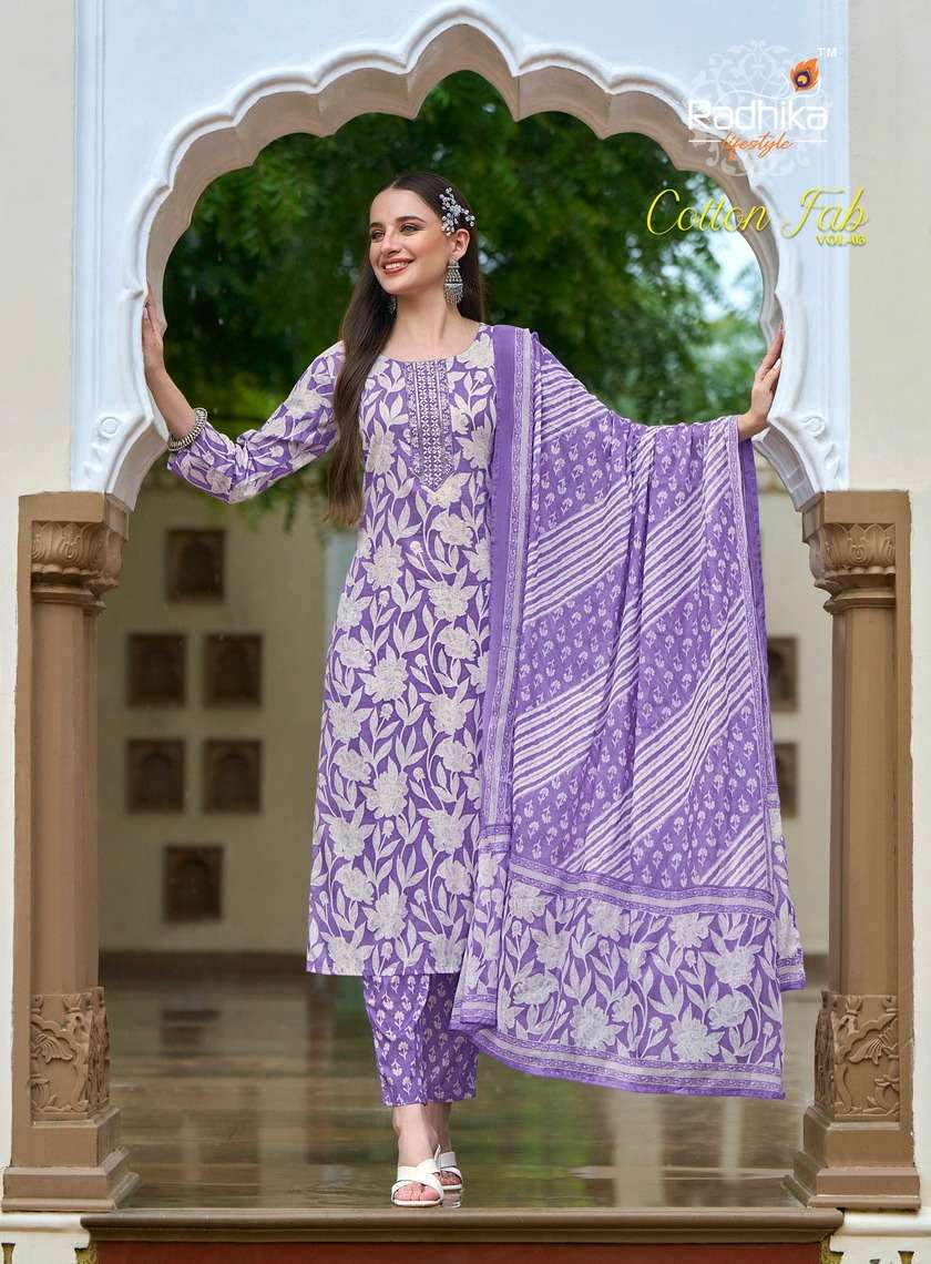 COTTON FAB VOL-3 BY RADHIKA LIFESTYLE PURE COTTON PRINT EMBROIDERY WORK KURTI PANT WITH MUL DUPATTA 