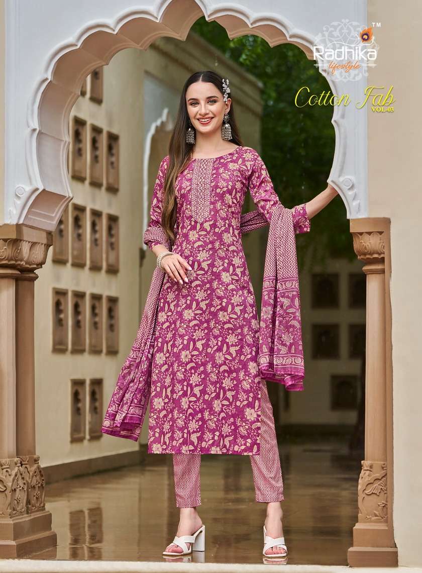 COTTON FAB VOL-3 BY RADHIKA LIFESTYLE PURE COTTON PRINT EMBROIDERY WORK KURTI PANT WITH MUL DUPATTA 