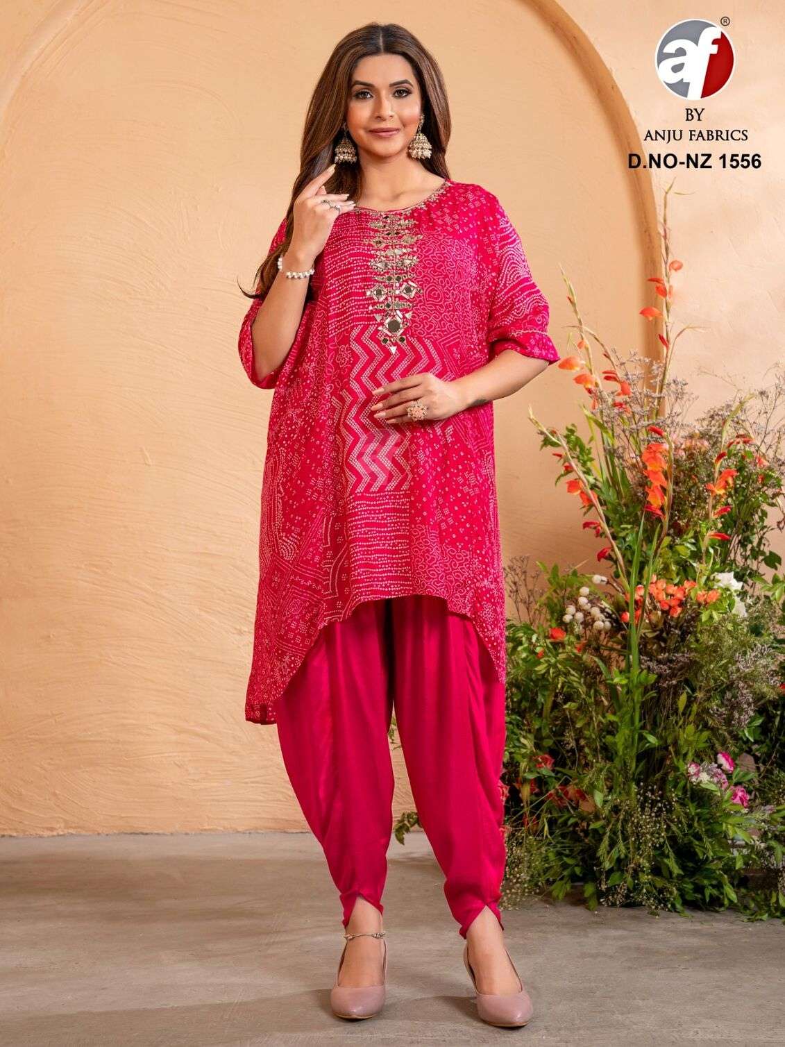 DESIGN NO-1556 BY ANJU FABRICS MANUAL MIRROR EMBROIDERY WORK KAFTAN KURTI WITH TULIP PANT 