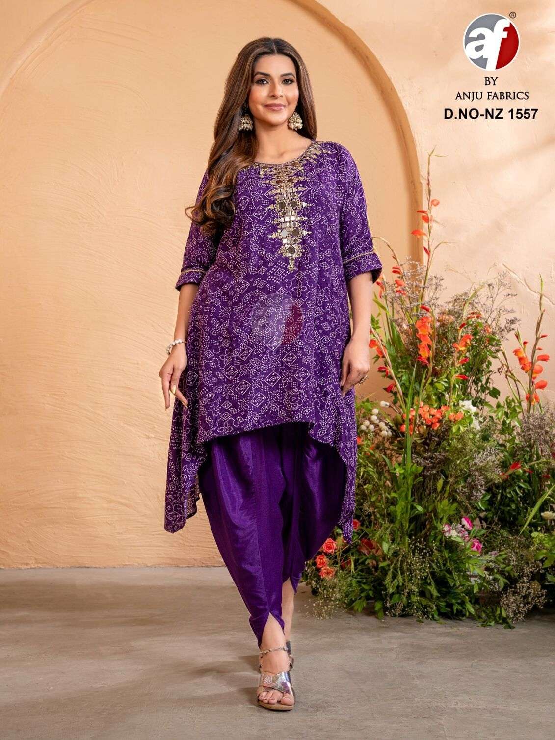 DESIGN NO-1557 BY ANJU FABRICS PURE DOLA SILK MIRROR EMBROIDERY WORK KAFTAN KURTI WITH TULIP PANT 