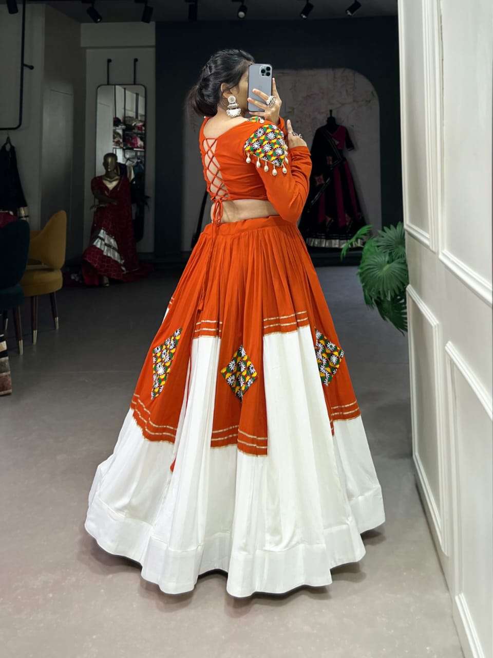 DESIGN NO-1678 ORANGE COLOUR PURE RAYON GAMTHI WORK STYLISH DESIGN LEHENGA BLOUSE WITH DUPATTA BY TEXOFAB 