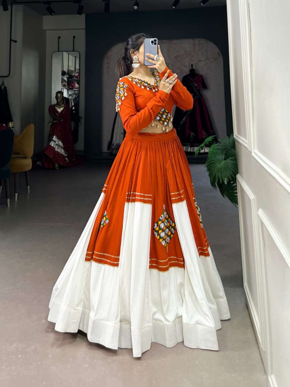 DESIGN NO-1678 ORANGE COLOUR PURE RAYON GAMTHI WORK STYLISH DESIGN LEHENGA BLOUSE WITH DUPATTA BY TEXOFAB 