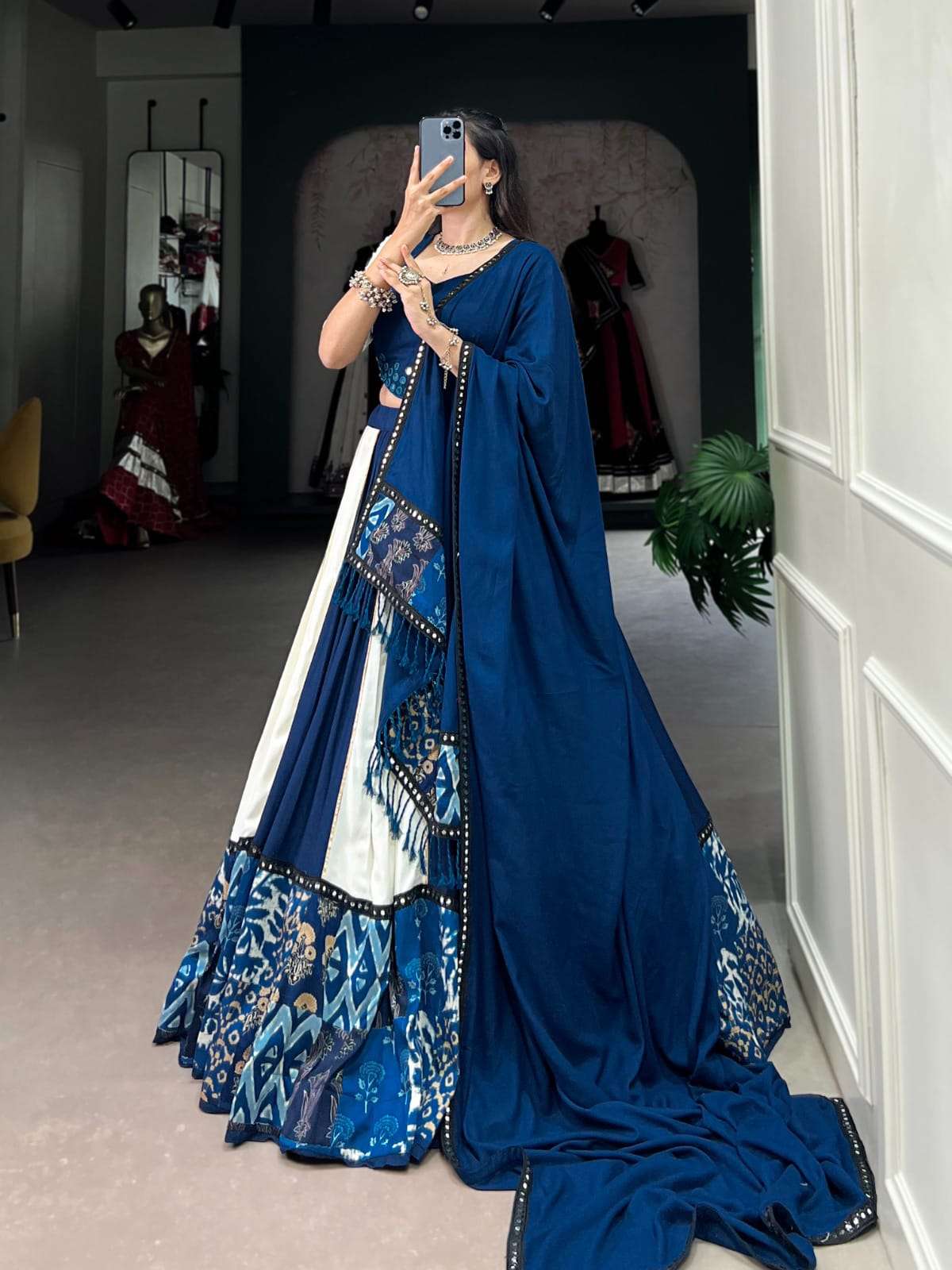 DESIGN NO- 1714 BLUE COLOUR BY TEXOFAB PURE RAYON MIRROR WORK CLASSY LEHENGA BLOUSE WITH DUPATTA 