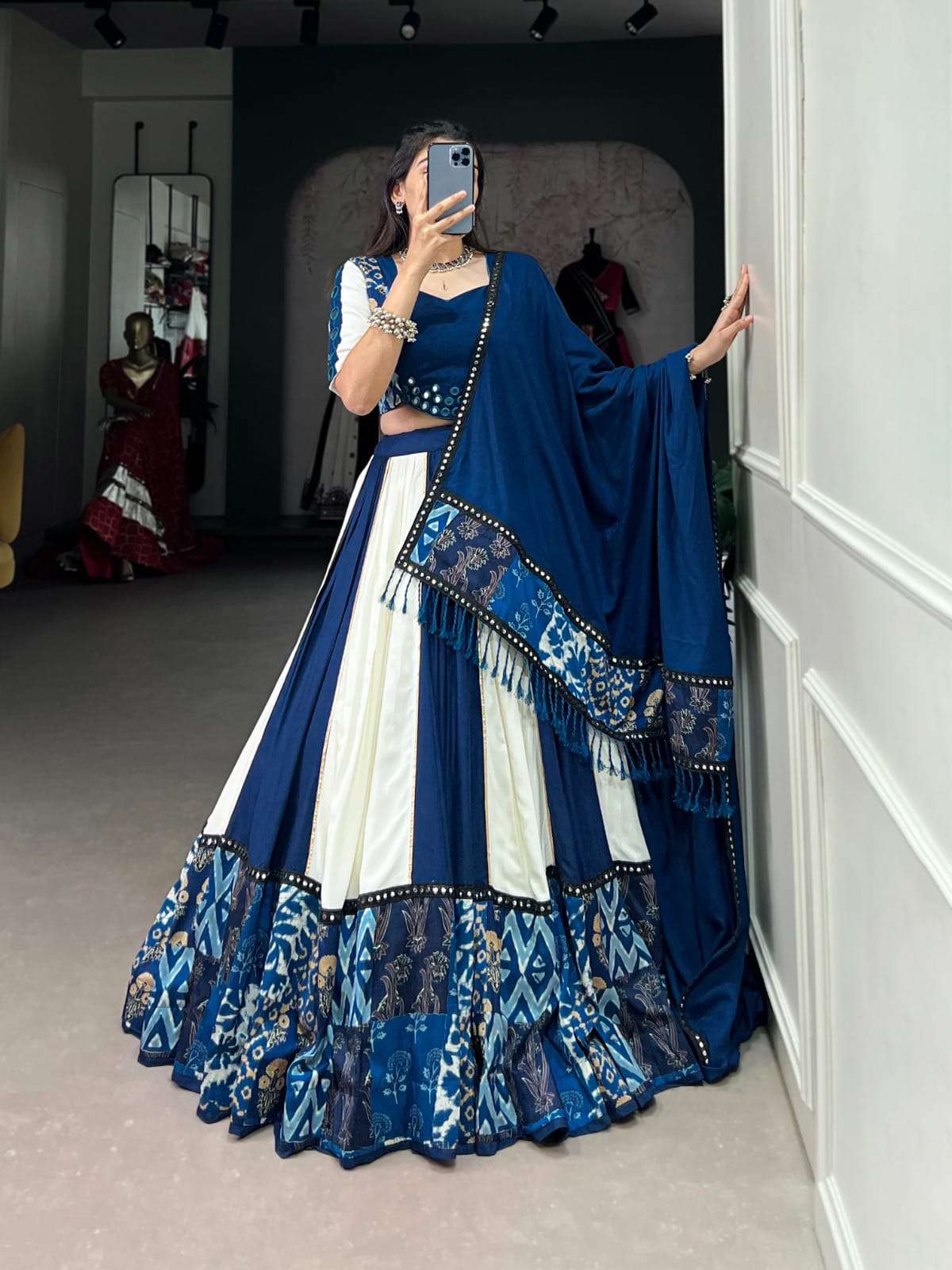 DESIGN NO- 1714 BLUE COLOUR BY TEXOFAB PURE RAYON MIRROR WORK CLASSY LEHENGA BLOUSE WITH DUPATTA 