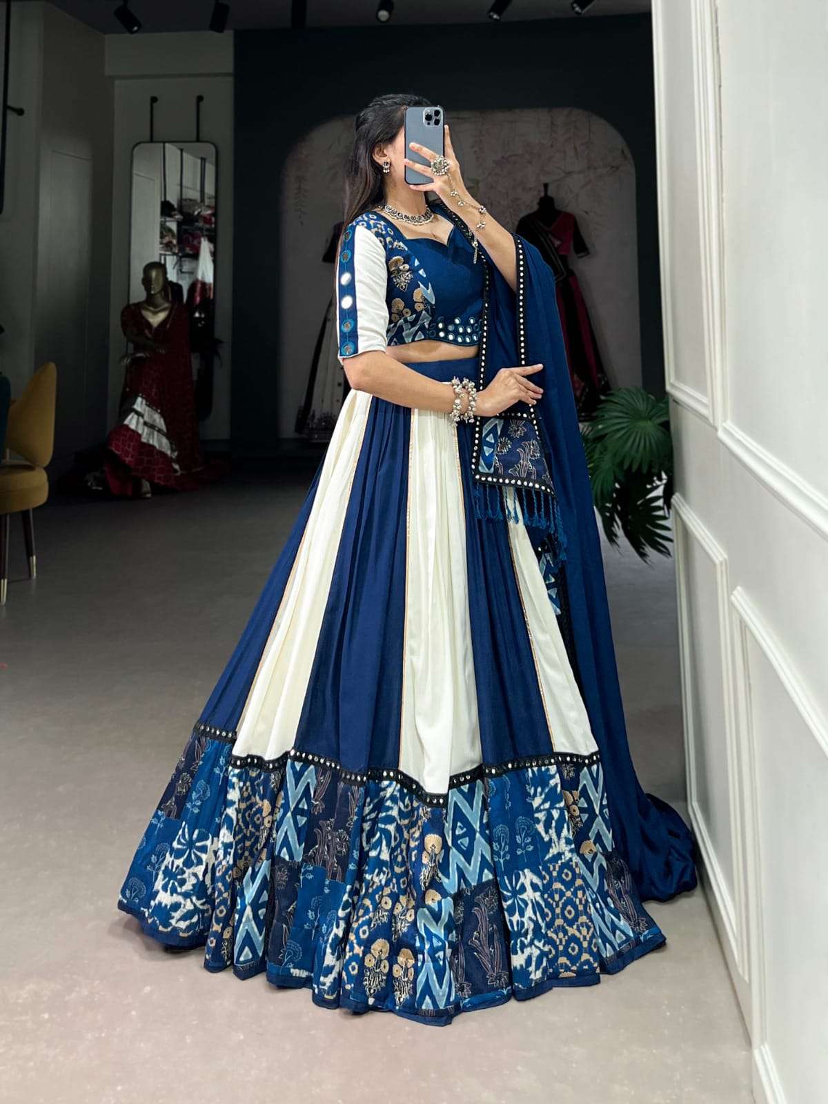 DESIGN NO- 1714 BLUE COLOUR BY TEXOFAB PURE RAYON MIRROR WORK CLASSY LEHENGA BLOUSE WITH DUPATTA 