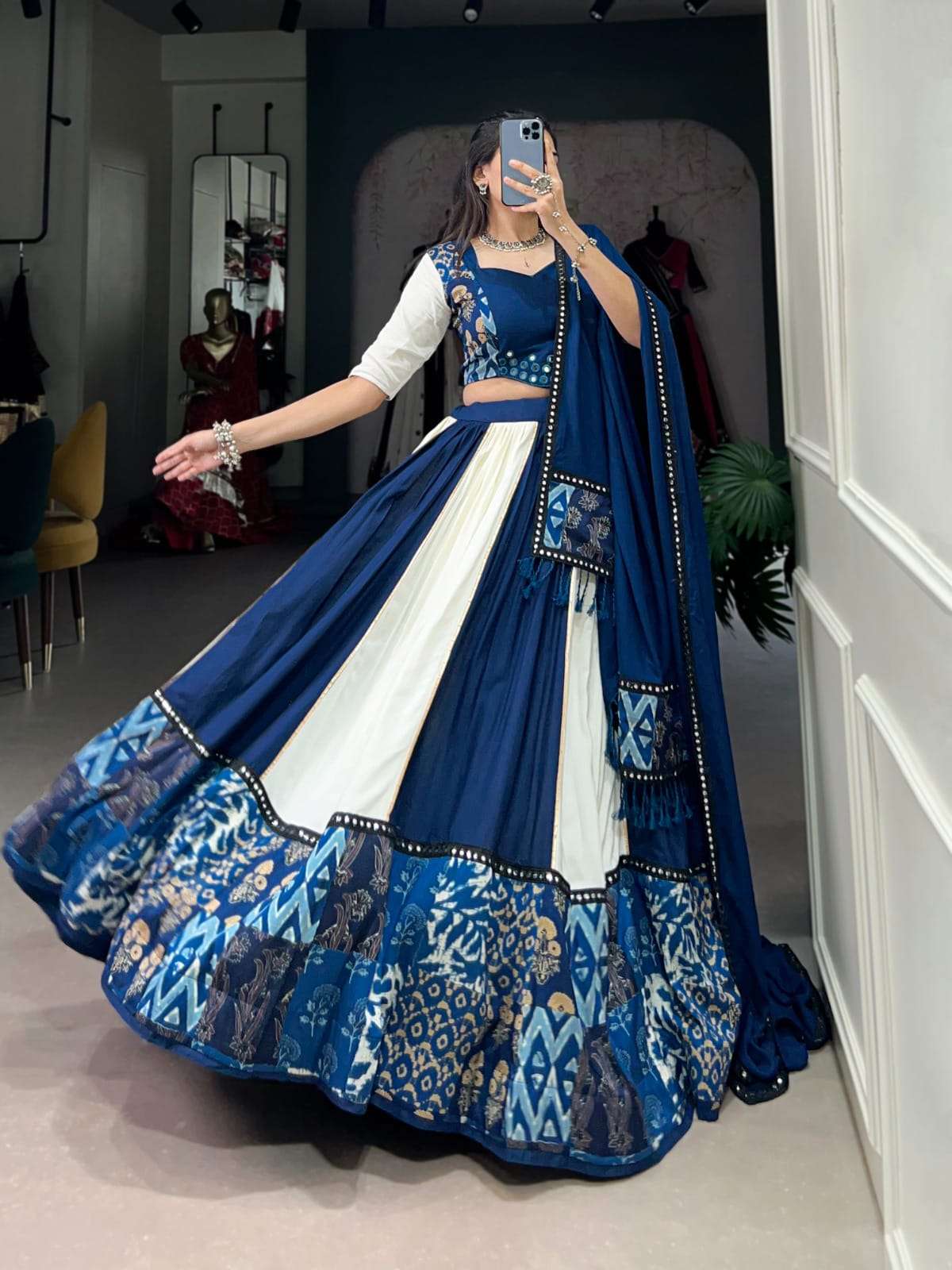 DESIGN NO- 1714 BLUE COLOUR BY TEXOFAB PURE RAYON MIRROR WORK CLASSY LEHENGA BLOUSE WITH DUPATTA 