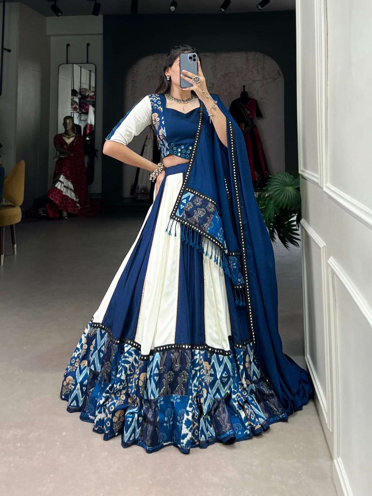 DESIGN NO- 1714 BLUE COLOUR BY TEXOFAB PURE RAYON MIRROR WORK CLASSY LEHENGA BLOUSE WITH DUPATTA 