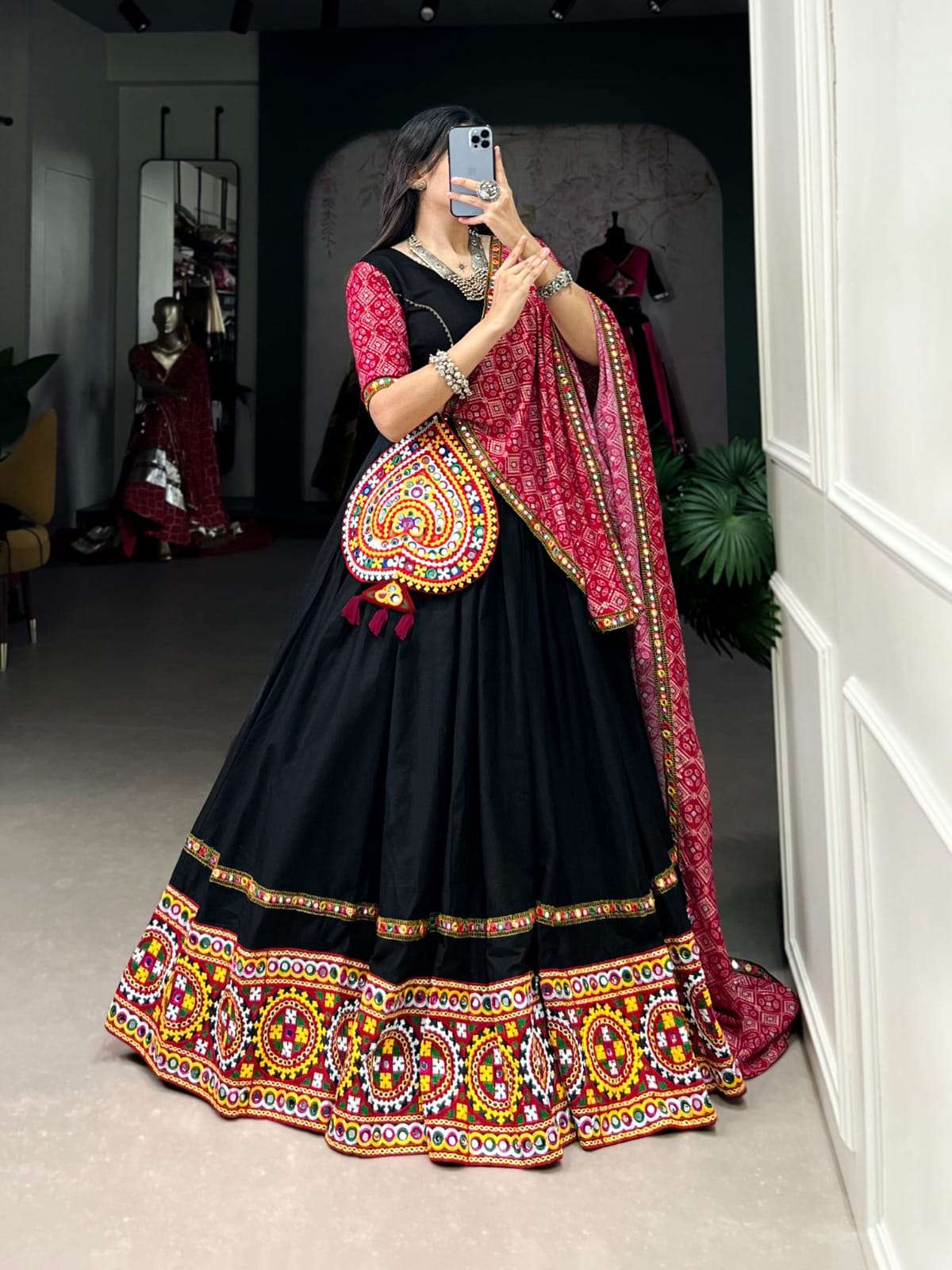 DESIGN NO-1721 BLK BY TEXOFAB PURE COTTON MIRROR WORK GOTA PATTI LEHENGA BLOUSE WITH DUPATTA 