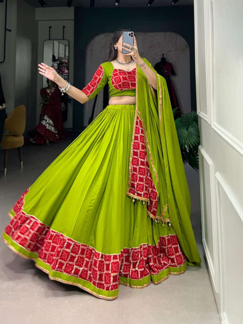 DESIGN NO-1724 BY TEXOFAB PURE RAYON PLAIN WITH GOTA PATTI TOUCH UP LEHENGA BLOUSE WITH DUPATTA 