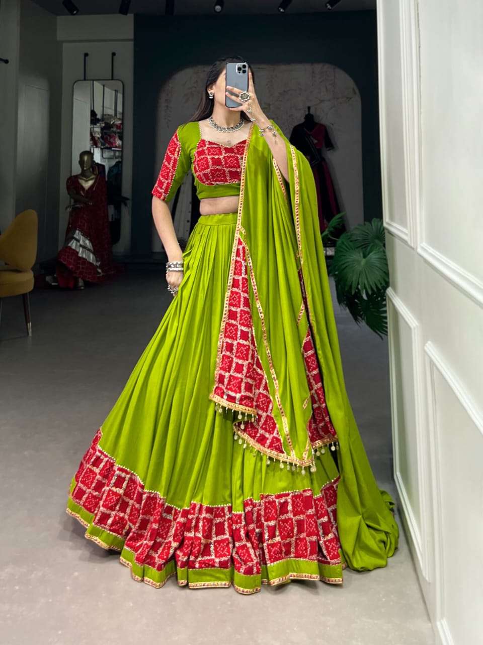 DESIGN NO-1724 BY TEXOFAB PURE RAYON PLAIN WITH GOTA PATTI TOUCH UP LEHENGA BLOUSE WITH DUPATTA 