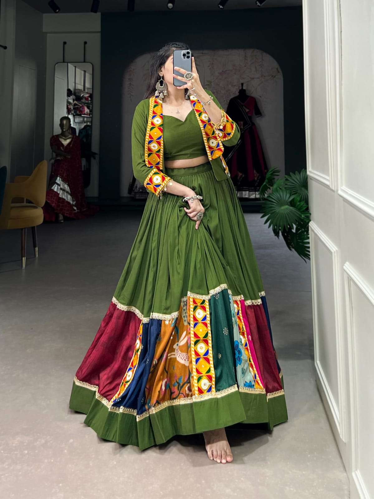 DESIGN NO-1738 GREEN COLOUR PURE RAYON GAMTHI LACE WORK LEHENGA BLOUSE WITH KOTI BY TEXOFAB 