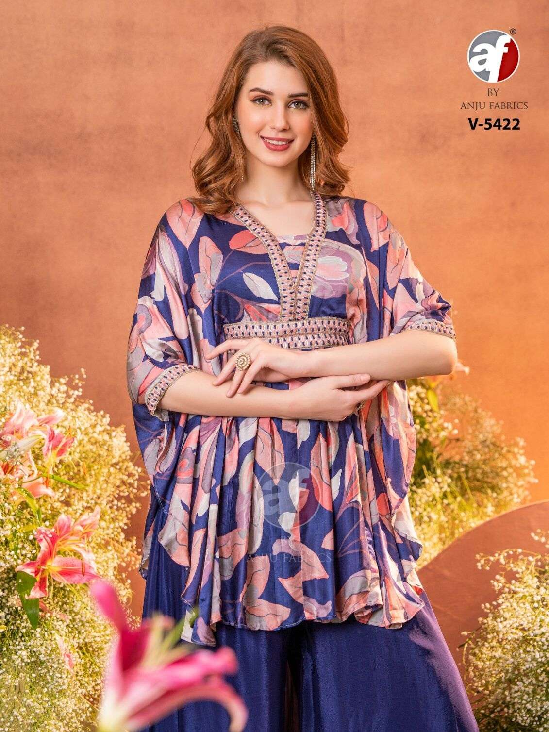 DESIGN NO-5422 BY ANJU FABRICS BUTTERFLY CUT DRESS NEW LOOK PURE HANDWORK KURTI PLAZO 