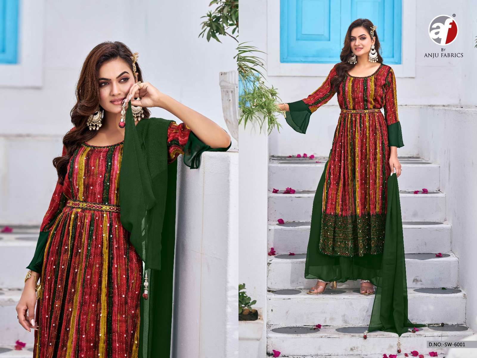 DESIGN NO- 6001 BY ANJU FABRICS PURE CROCHET GEORGETTE DIGITAL PRINT KURTI PLAZO WITH DUPATTA 