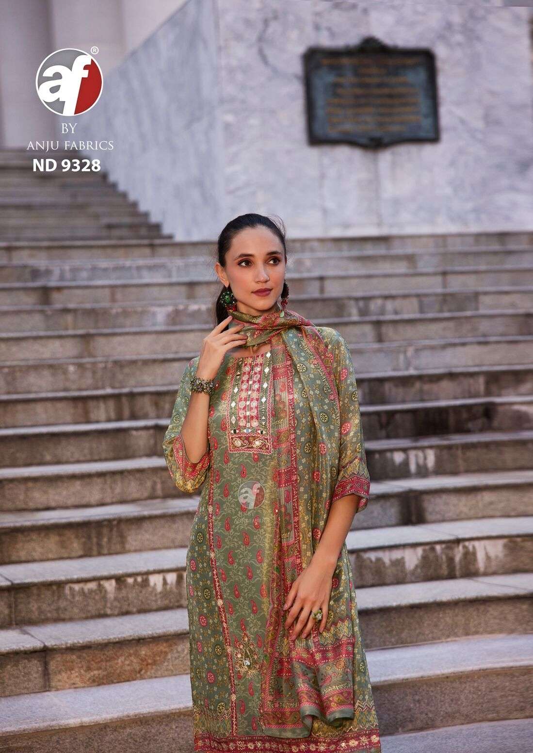 DESIGN NO- 9328 BY ANJU FABRICS TISSUE SHIMMER BLENDED PRINT HANDWORK KURTI PANT WITH DUPATTA 