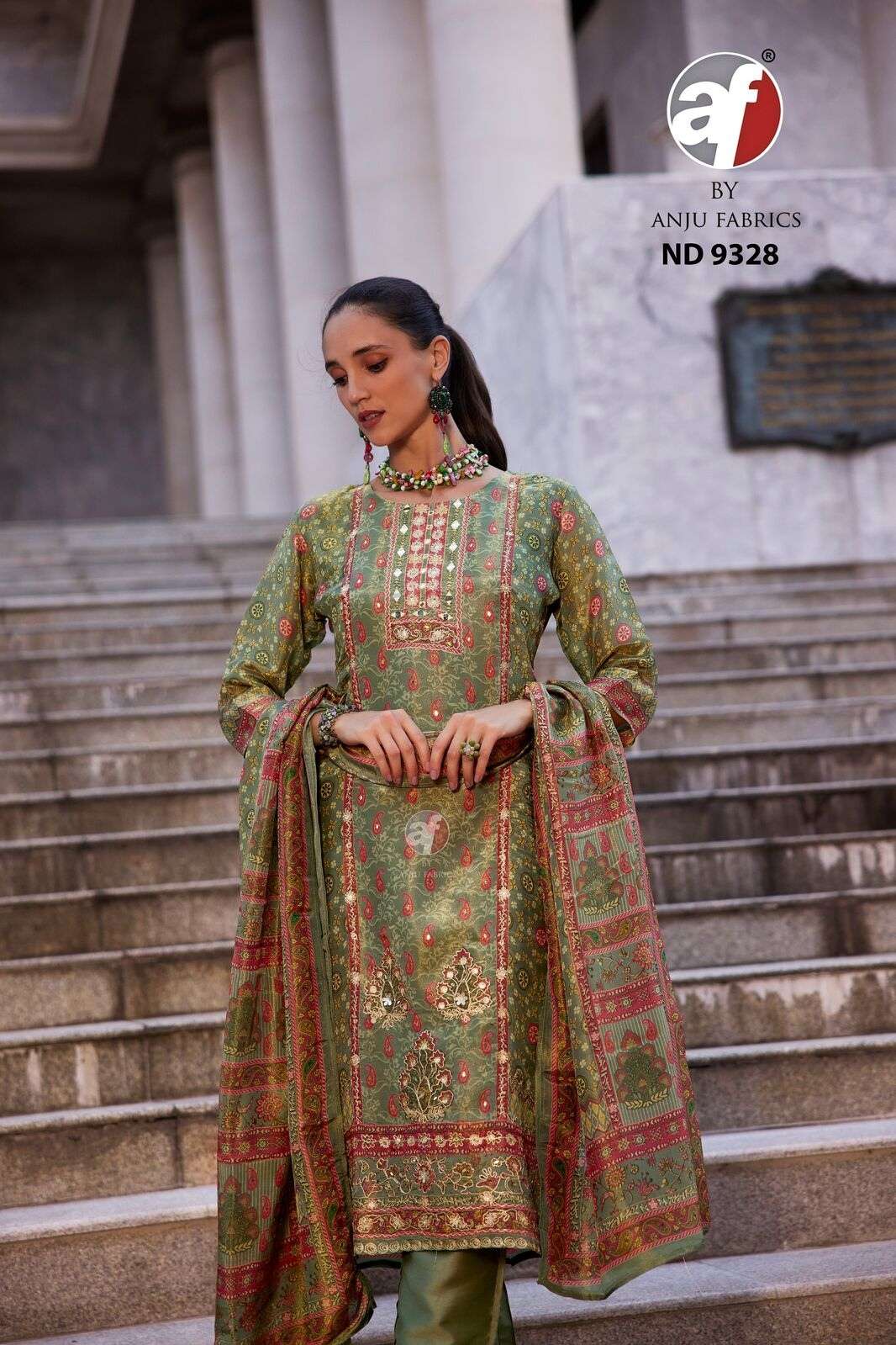 DESIGN NO- 9328 BY ANJU FABRICS TISSUE SHIMMER BLENDED PRINT HANDWORK KURTI PANT WITH DUPATTA 